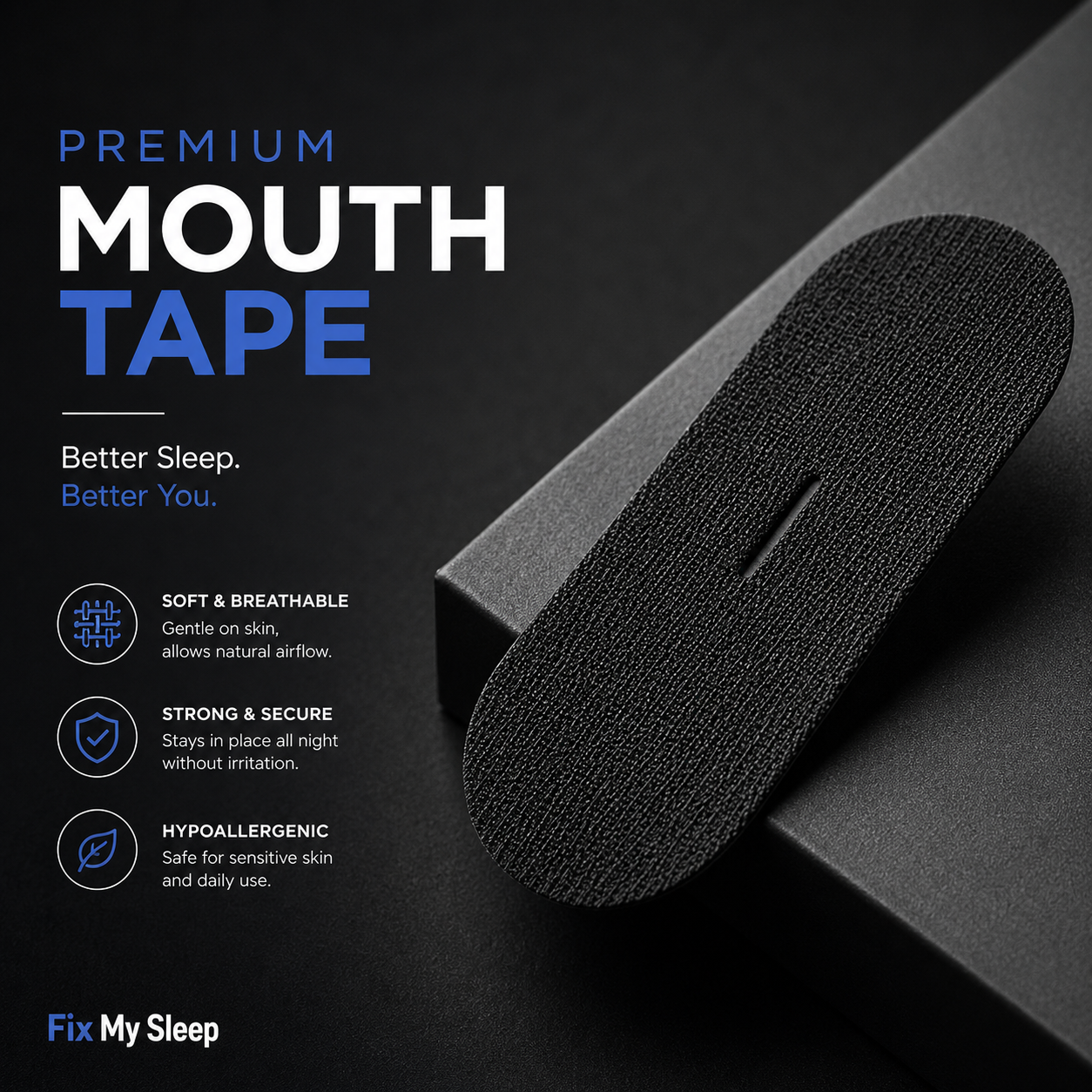 Close-up of the black Fix My Sleep mouth tape with its centre vent
